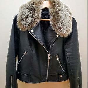 TOP SHOP Faux fur collar biker jacket